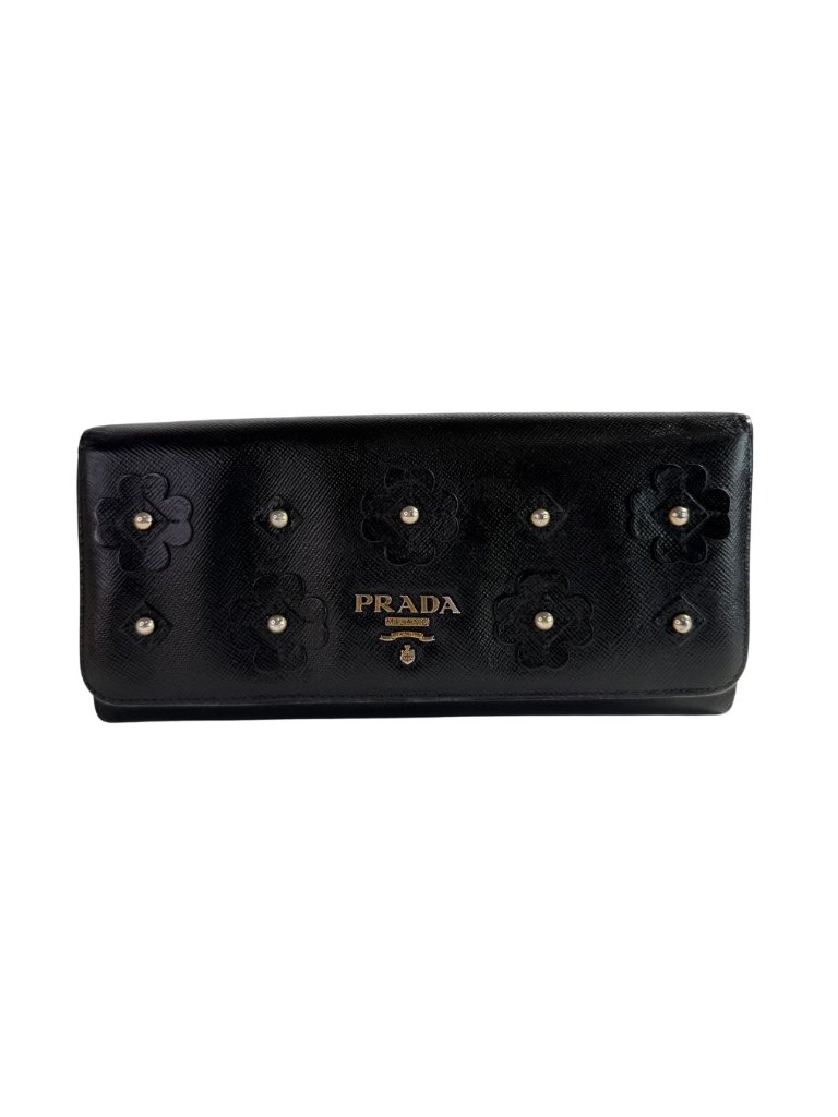 Prada Black Saffiano Floral Stud Continental Wallet